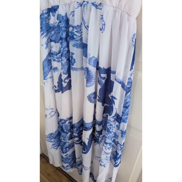 Blue and White Floral Dress, Sheer, Flowy, Dainty, Artsy, Adult Size Small - Picture 3 of 7
